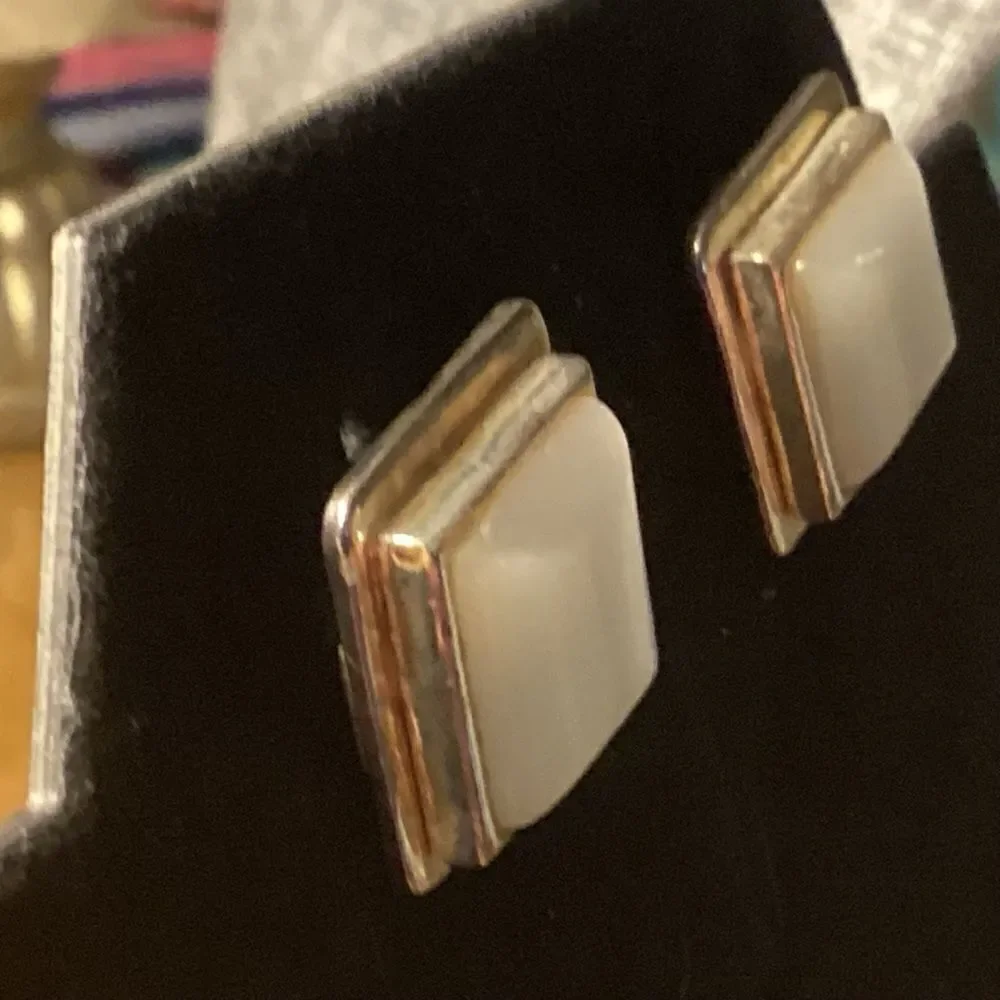 White Mother of Pearl Goldtone Bezel Set Square Earrings